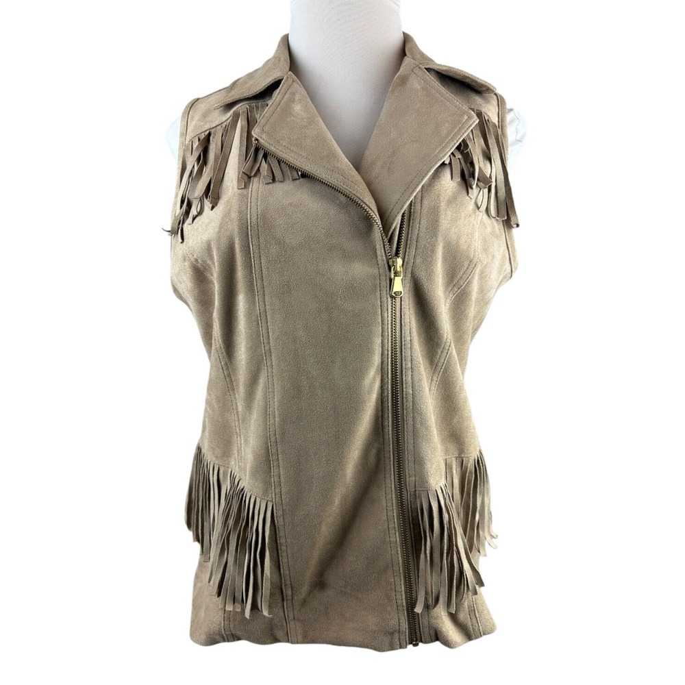 Chico's Faux Suede Fringe Vest Moto Zip Tan Size 2 Large 12 Fall Western Country - Picture 5 of 14